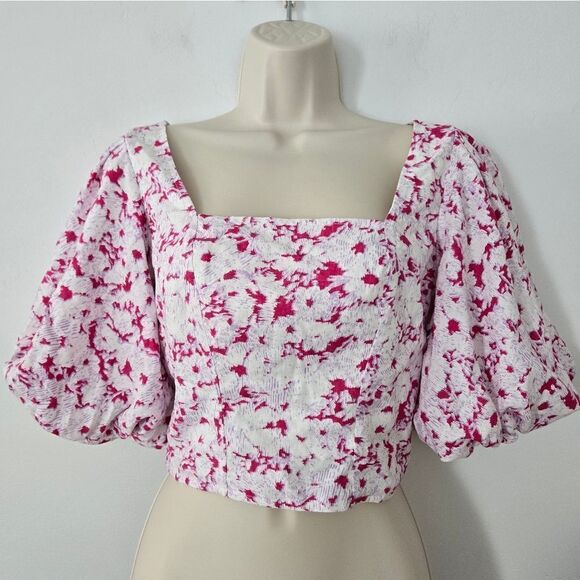 Open Edit Puff Sleeve Square Neck Floral Print Crop Top Linen blend - Picture 1 of 8